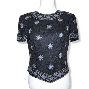 Cote D Azur Bead Embellished Cropped Silk Blouse Size Medium